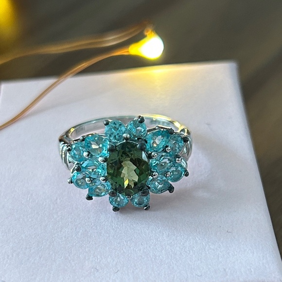 Vintage New Swarovski blue‎ and green crystal Ring size 7